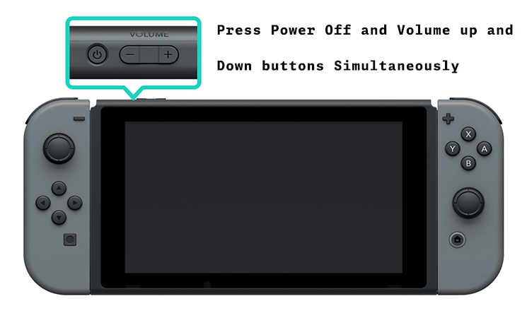 In order to reset a Nintendo Switch, Press Power Off and Volume up and Down buttons Simultaneously. 
